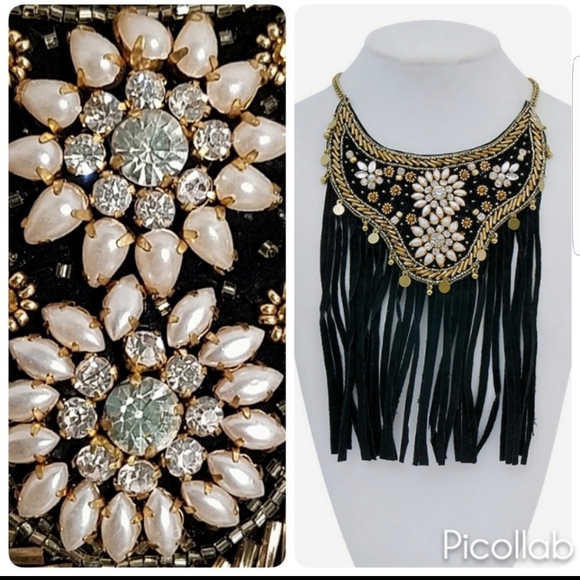 Black Suede Fringe Bib Necklace - Picture 4 of 5